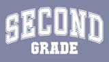 White 'SECOND GRADE' text on a lavendar blue background