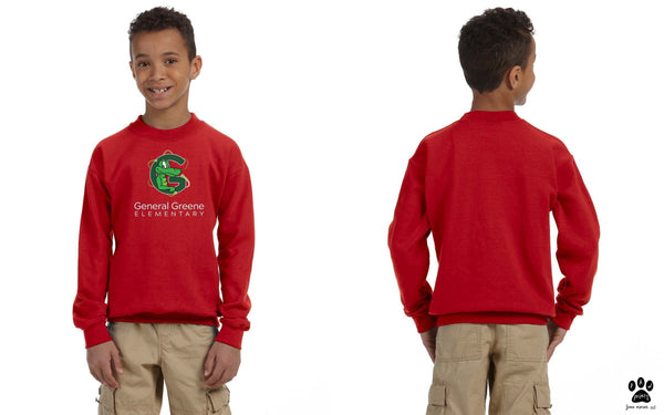The General Greene Elementary School logo screen printed on red crewneck sweatshirts